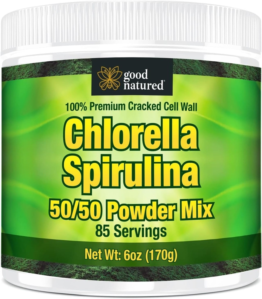 Good Natured Premium Chlorella Spirulina Powder Silencio 85 Servings Silencio No-GMO Silencio Sunlight Grown ← Deep Green Color ← Cracked Cell Wall ← Alkalyzing ← High Protein ← Vegan Organic Capsules ← Mountain Water