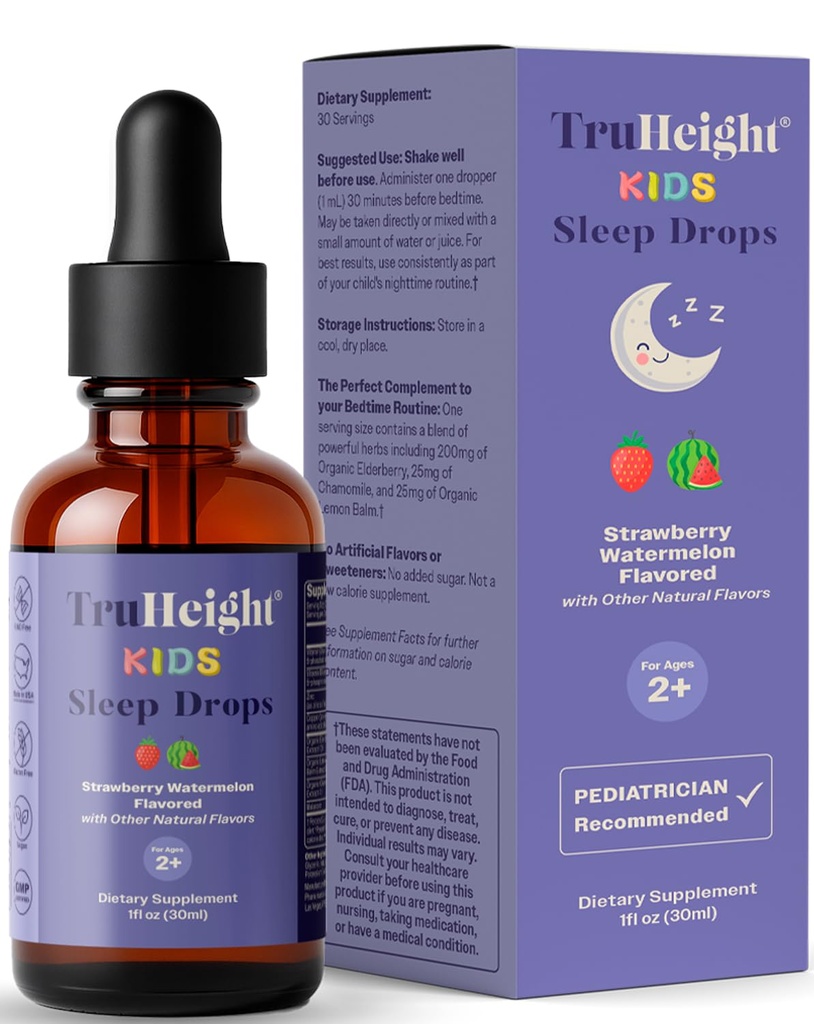 TruHeight Kids Sleep Tincture Edades 2+ (Watermelon Flavor) - Bebés, niños pequeños y niños Ayuda natural al sueño - Bebé, Toddler, Melatonina infantil 2 años más - Vitamina B6, Riboflavin, Zinc, Cobre, Lemon Balm