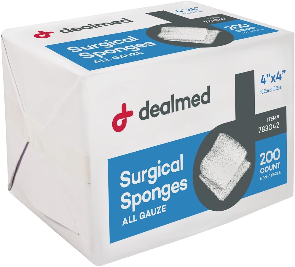 Esponjas quirúrgicas de 4" x 4", 8-Ply, esponjas de Gauze no-Woven Absorbent para el cuidado de heridas, kits de primeros auxilios e instalaciones médicas, 200 Cuenta (Pack of 1)