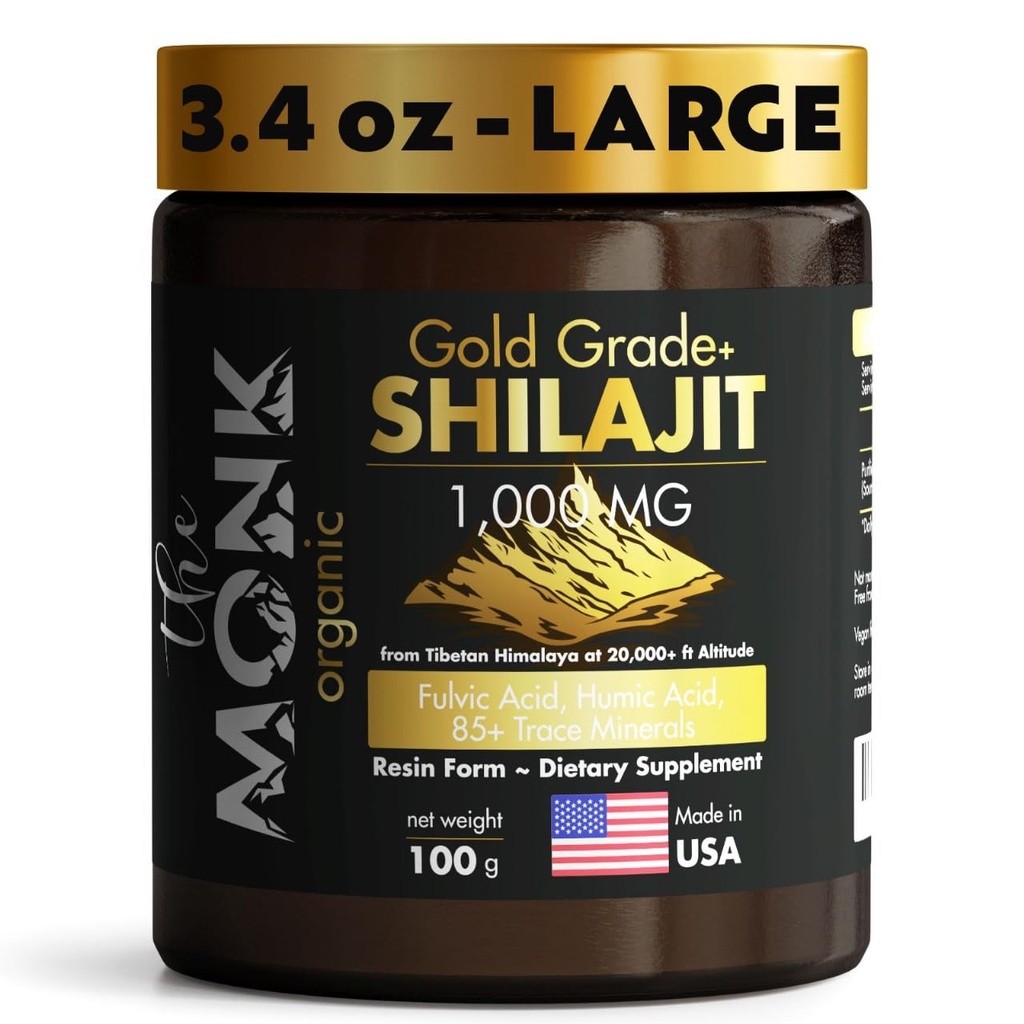Himalayan Shilajit Resin with Fulvic Acid, Humic Acid, 85+ Minerals- Gold Grade Plus - 100g, 1000 mg Por Serving - Energy, Stamina, Brain Support - Made in The USA