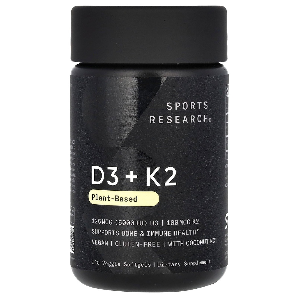 Investigación Deportiva Vitamina D3 con K2 Softgels - Planta de base K2 & Vegan D3 5000iu con aceite de MCT de coco - Certificado Vegan, Soy & Gluten Gratis - 120 Condes