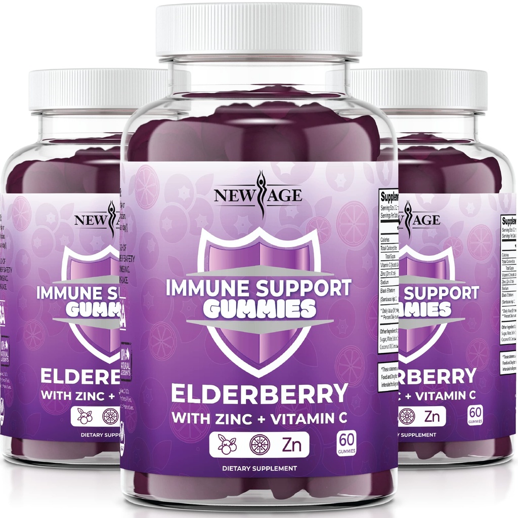 NEW AGE Immune System Support Gummies - Sambucus Black Elderberry Gummies with Vitamin C and Zinc (Inmune Support 180 Gummies)