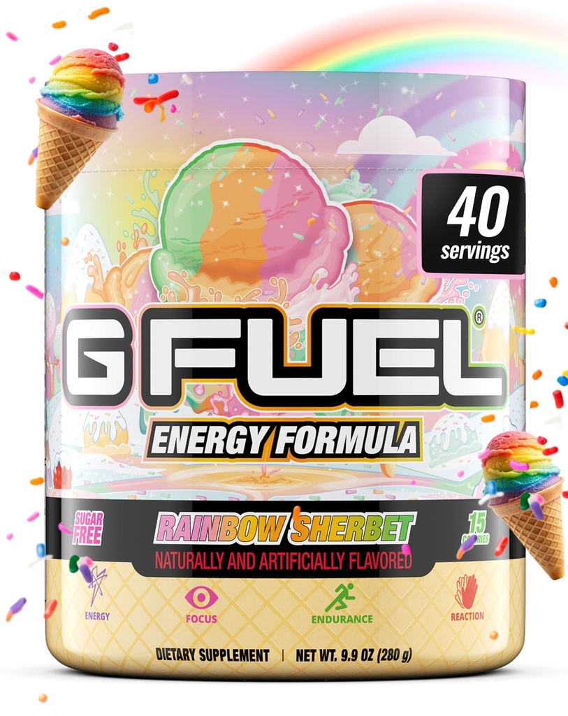G Fuel Rainbow Sherbet Energy Drink Powder, Pre Workout Caffeine Mix for Gaming, Sugar Free Focus Amino, Vitamina + Antioxidantes, 9.9oz (Rainbow Sherbet, 40 Servings)