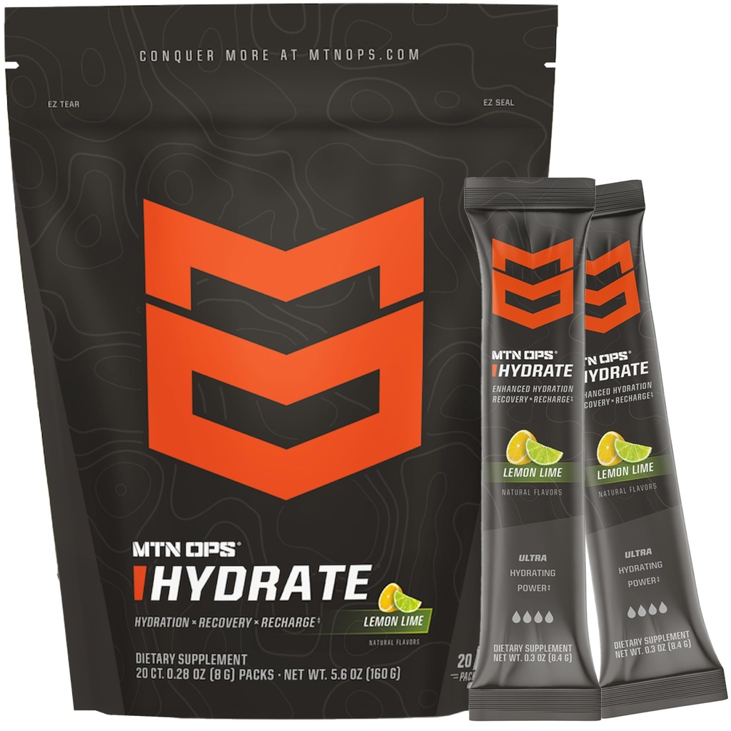 MTN OPS Hydrate Electrolytes Powder Drink Mix, 20 Single Serving On-The-Go Electrolyte Packs con más de 1000 mg de electrolitos por Serving, Lemon Lime