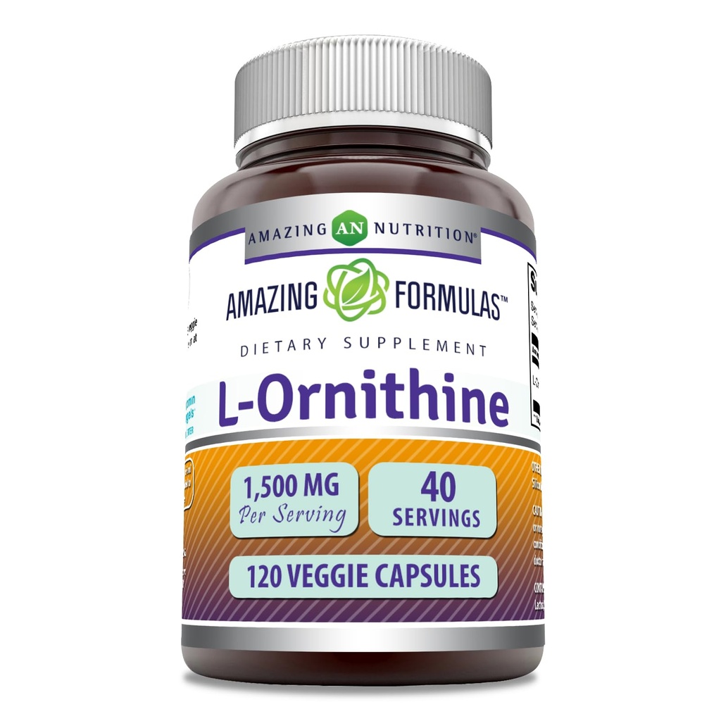 Fórmulas increíbles L-Ornithine 1500 Mg Por Serving Veggie Capsules Suplemento  Non-GMO TEN Gluten Free ← Made in USA (120 Count)