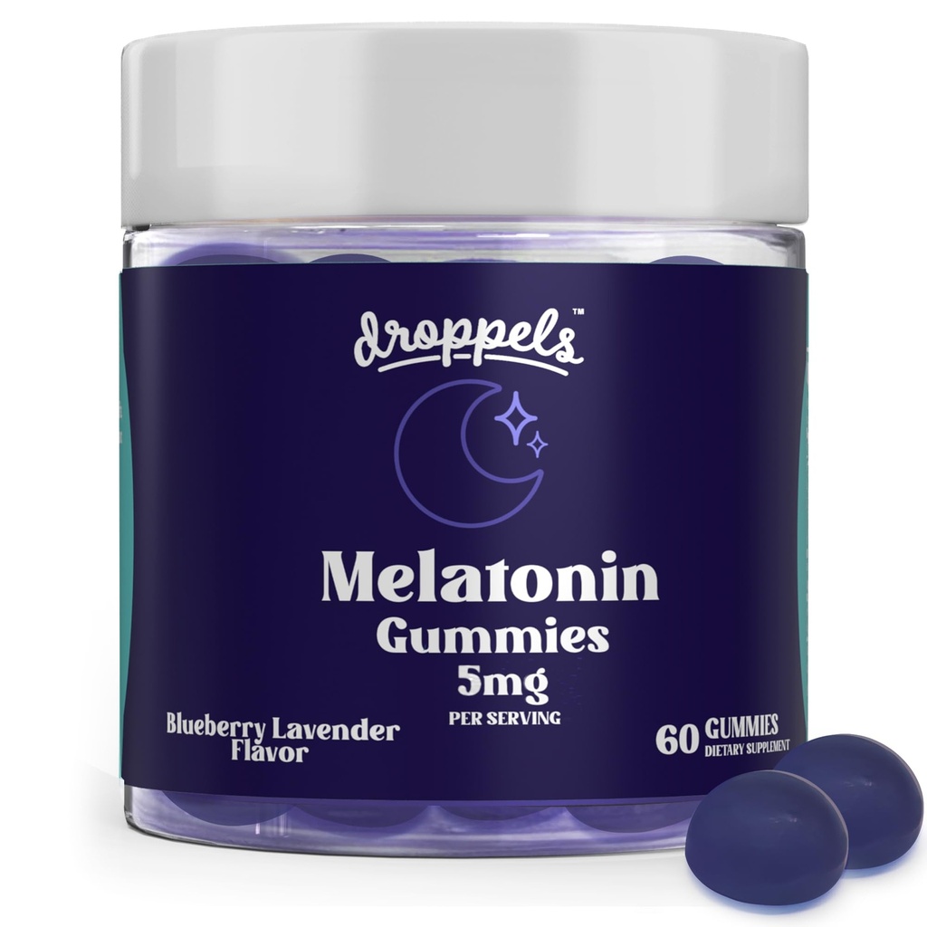 Droppels Melatonin Gummies, 5mg – Plant-Based, Vegan Melatonin 5mg para el sueño natural con extracto de manzanilla, 60 Conde, Blueberry Flavor (1-Month Supply)
