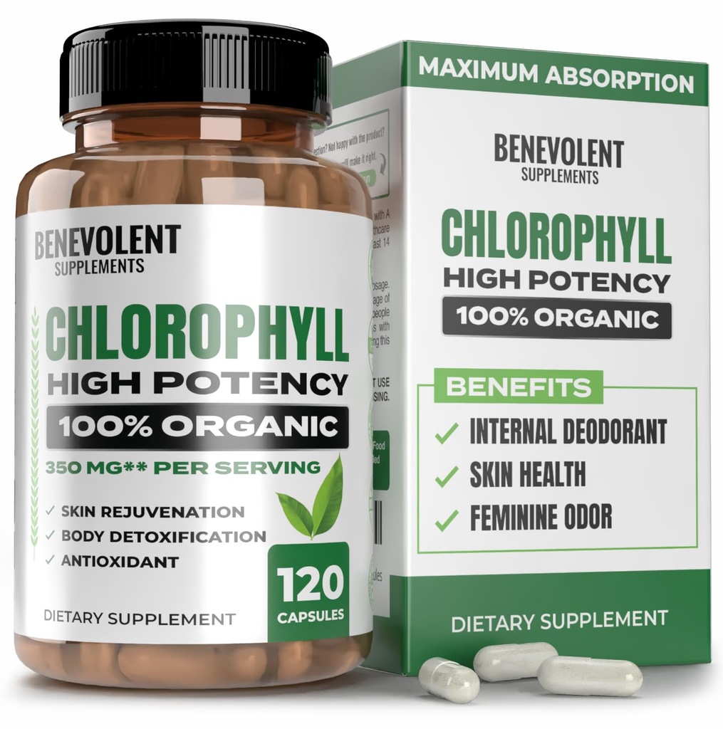 Benevolent Chlorophyll Capsules 350mg - 100% Natural + Ultra Chlorophyll 20x Potency Concentration for Energy Boost, Immune Support, Internal Deodorant, Skin Health, Non-GMO, 120 cápsulas