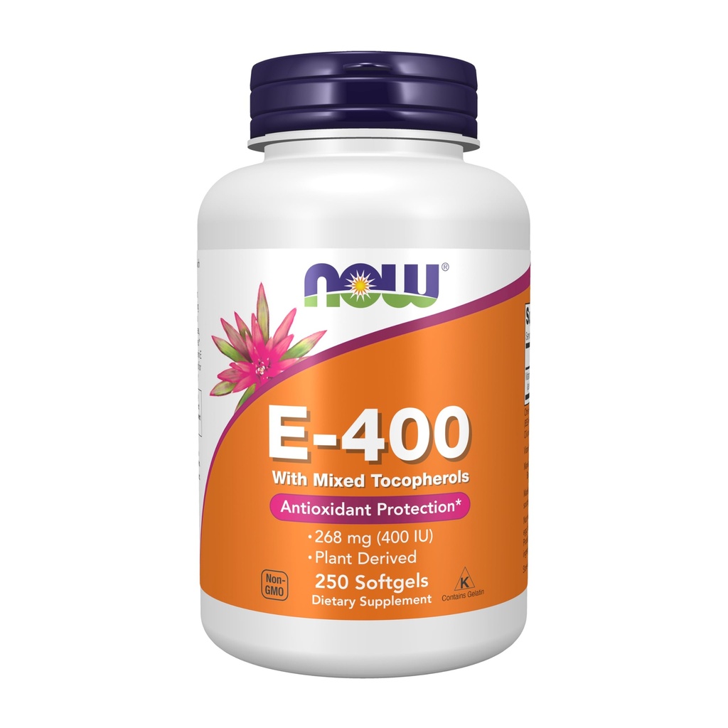 AHORA Alimentos Suplementos, Vitamina E-400 UI Tocoferoles mixtos, Protección antioxidante*, 250 Softgels