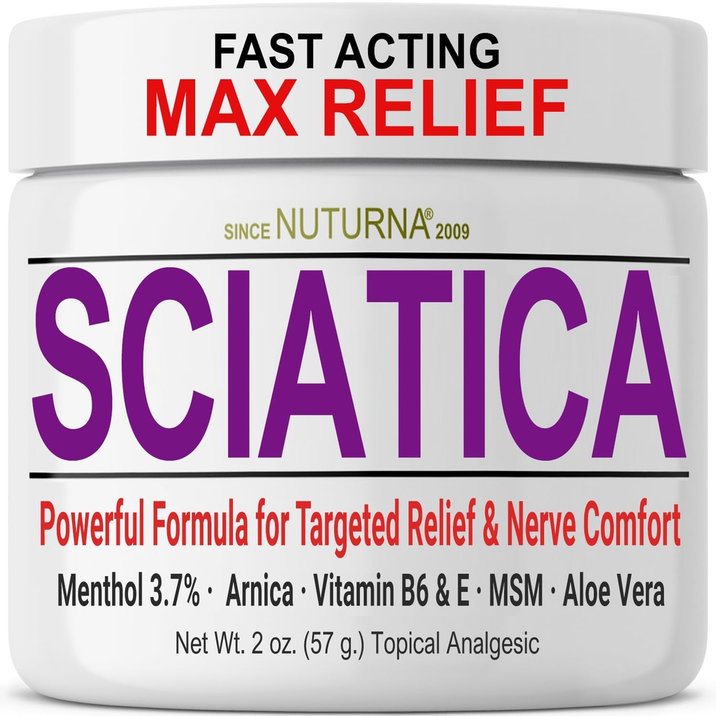 Sciatica Nerve Cream - Crema de máxima resistencia para pies, manos, piernas, dedos, espalda - Natural Ultra Strength Arnica, MSM, Menthol, Soothing Comfort, 2 Oz