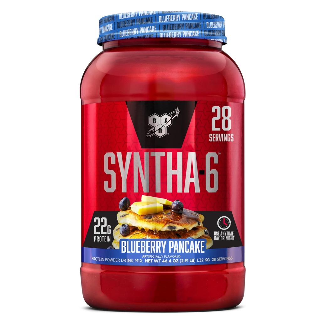 BSN SYNTHA-6 Premium Protein Powder con 6g de fibra, Whey Protein, Micellar Casein, Milk Protein Isolate Blend, 5g Fat, Blueberry Pancake, 28 Servings (Packaging May Vary)