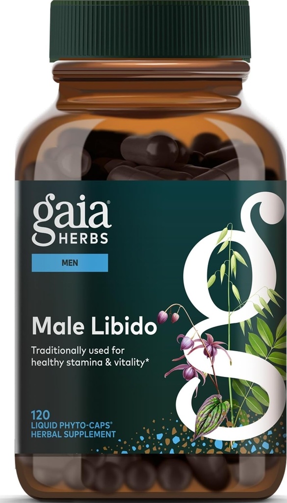 Gaia Herbs Male Libido - Suplemento Herbal con Saw Palmetto, Horny Goat Weed, Maca " Oats - Supports Stamina, Vitality " Hormone Balance for Men - 120 Vegan Liquid Phyto-Capsules (30-Day Supply)