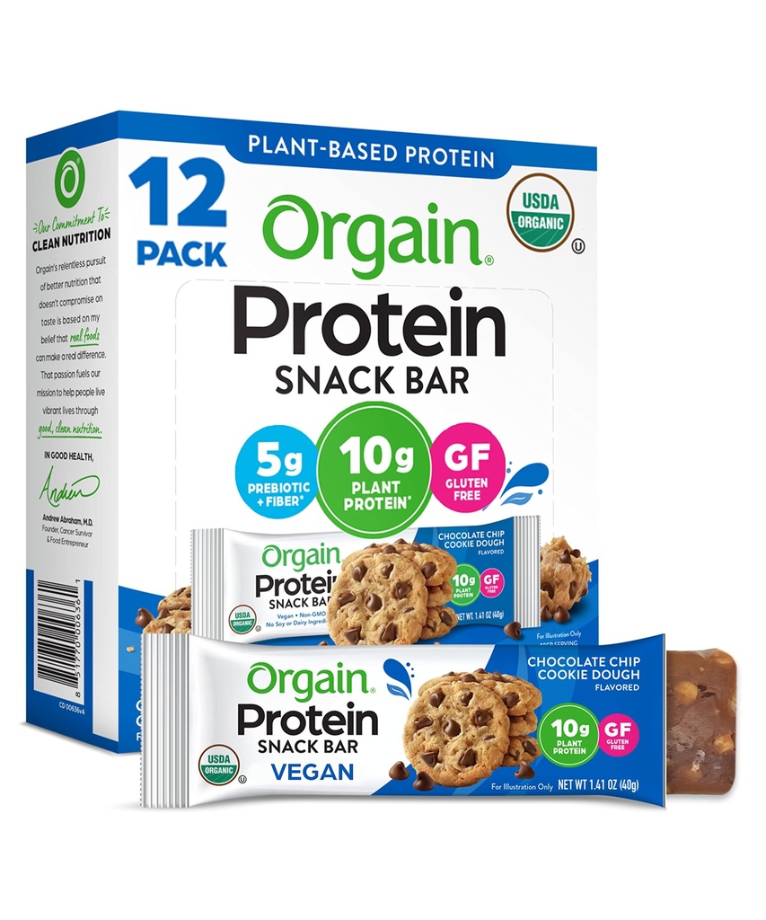 Orgain Organic Vegan Protein Bares, Chocolate Chip Cookie Dough - 10g Plant Based Protein, Baja Calorie Healthy Snacks, No Lactose o Soy Ingredientes, Gluten Free, Non-GMO - 1.41 Oz (Pack of 12)