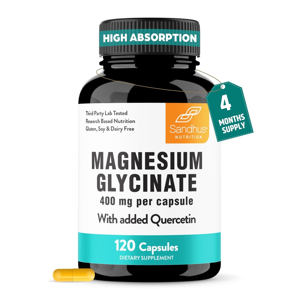 Sandhu Magnesium Glycinate 400mg Cápsulas con Quercetin ← Calidad del sueño, relajación, salud muscular &amp; apoyo inmunitario Silencio 120 Conde (Pack of 1) ← Fácil de Tragar Silencio para Mujeres y Hombres