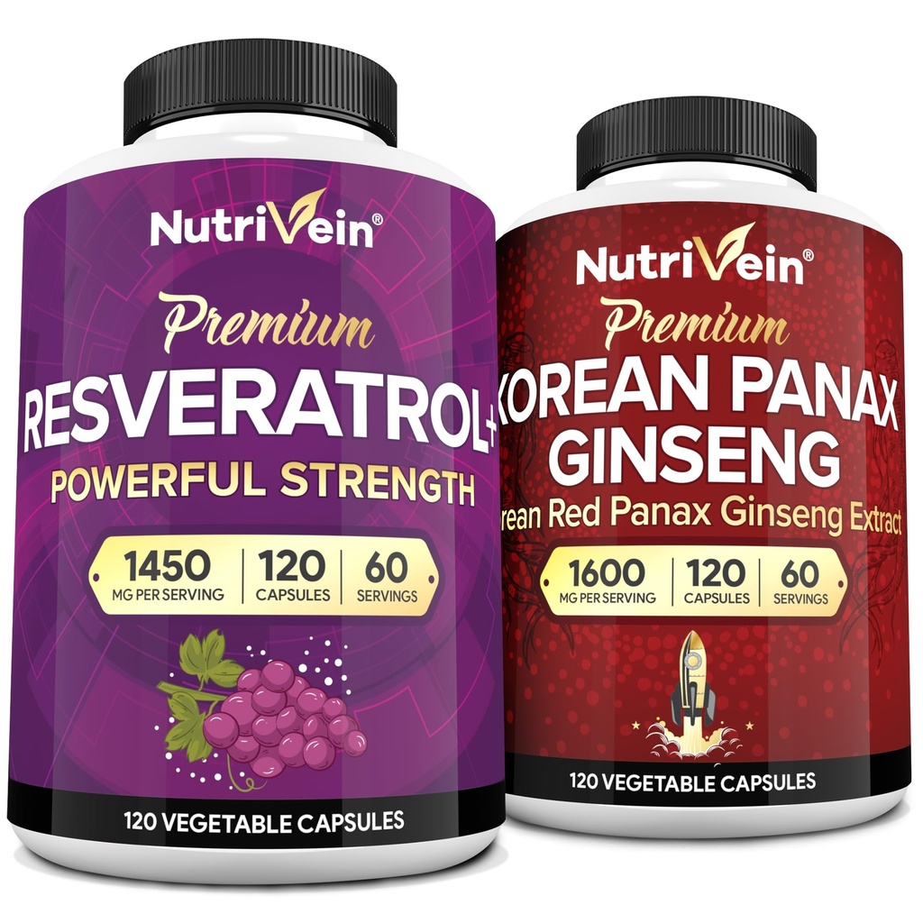 Nutrivein Premium Korean Panax Ginseng Suplemento " Resveratrol Supplement Bundle: High-Absorption Resveratrol Capsules " Ginseng for Brain, Defenses, Repair, " Vitality