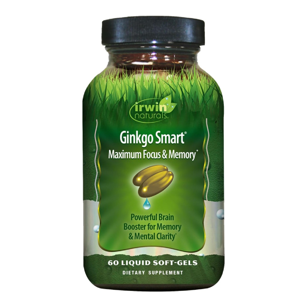Irwin Naturals Ginkgo Smart Powerful Nootropic Brain Booster - Admite la memoria máxima, Focus " Mental Clarity with DMAE, Clubmoss, Choline " Acetyl L-Carnitine - 60 Liquid Softgels
