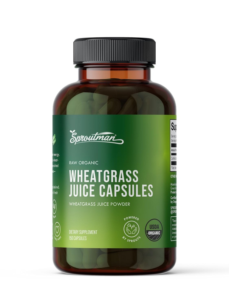 Orgánica Wheatgrass Juice Powder Capsules by Sproutman - 100% Pura Wheatgrass - Aids Digestion - High in Vitamins, Antioxidants, Chlorophyll, Enzymes, Minerals & Energy (150 Pills)