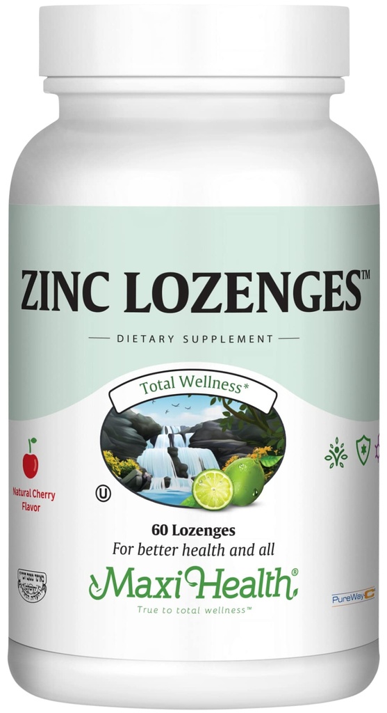 Maxi-Health Zinc Lozenges - Zinc Citrate 10mg - con vitamina C - Cherry Flavor - 60 Chewables - Kosher