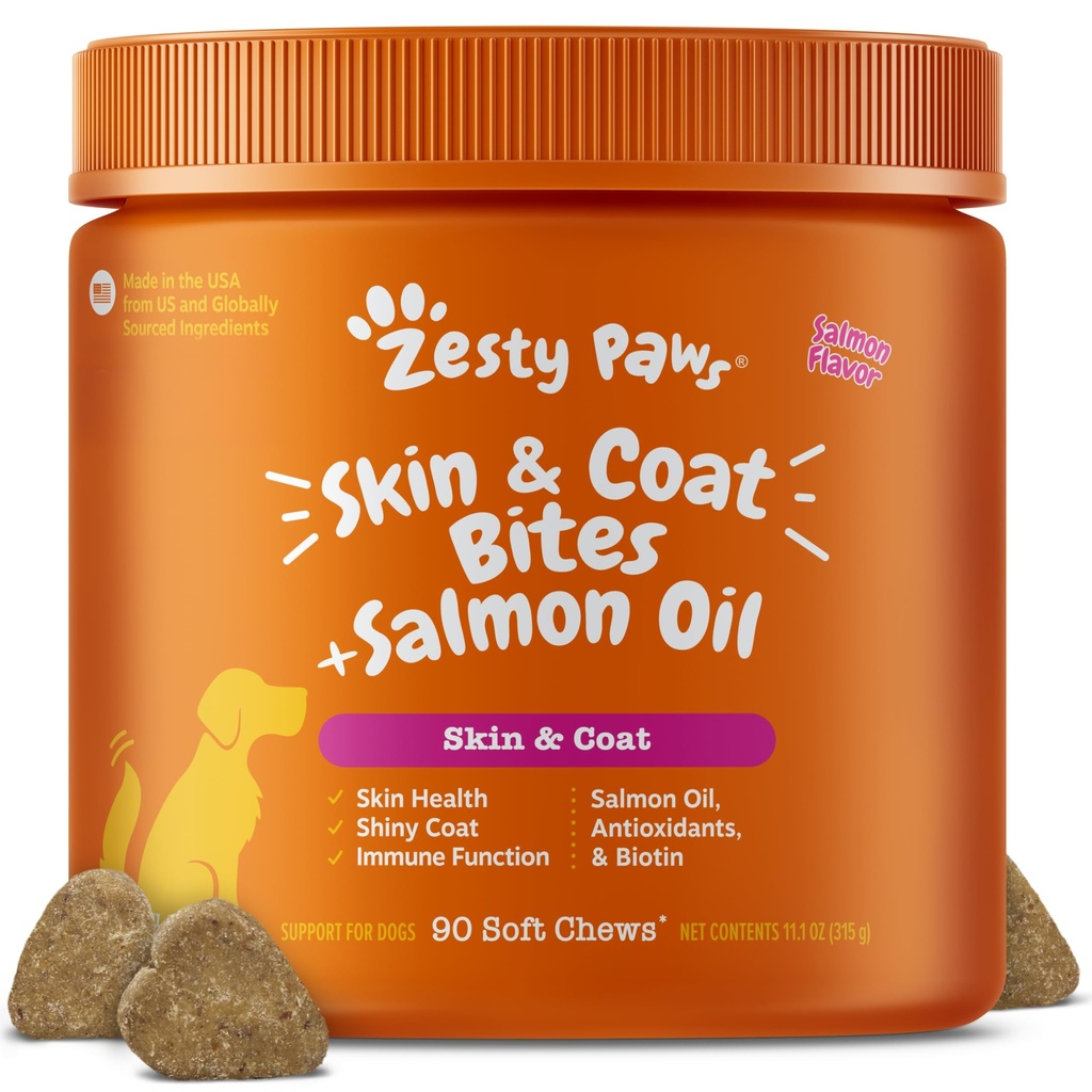 Zesty Paws Aceite de Salmón para perros Skin and Coat, Omega 3 Pez Aceite de Aceite de Pez, Alivio de la Alergia del Perro, Itch Relief Suplemento, 90 Conde, Salmon Flavor
