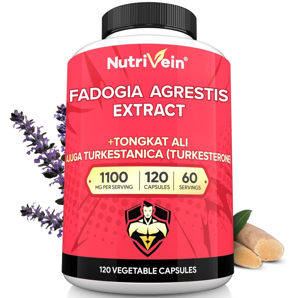 Nutrivein Premium Fadogia Agrestis y Tongkat Ali Suplemento con Turkesterone - 1100 mg - 120 Cápsulas - Synergistic Blend for Performance, Strength, " Recovery for Men " Women of All Ages