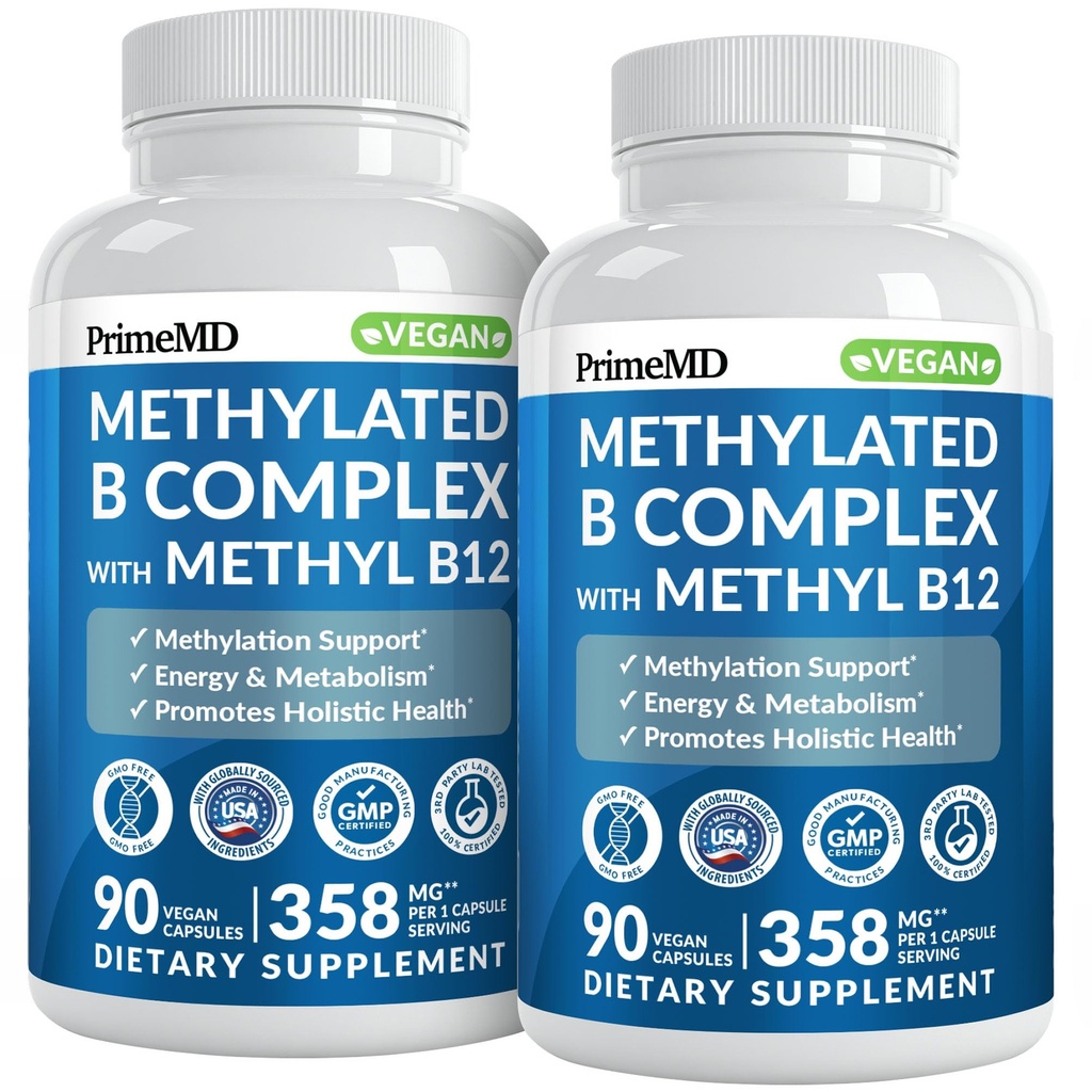 Complejo B metilcobalamina con metalfolato y B12 Metilcobalamina 1000 mcg - Multivitamina metilada para energía, función cerebral y bienestar - Complejo de vitamina B para hombres y mujeres (180 servidumbres, paquete de 2)