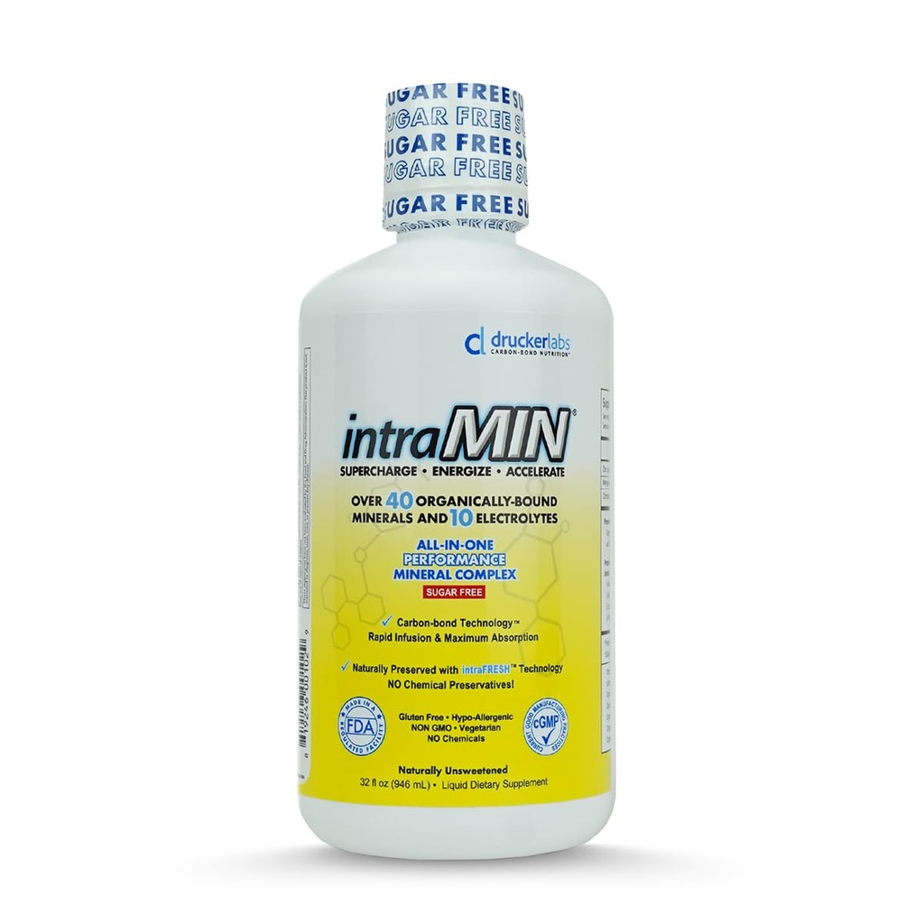 Laboratorios Drucker - Suplemento Orgánica de Minerales Líquidos intraMIN para Hombres, Mujeres, Niños, Immune y Muscle Support, No GMO, Gluten Free, Vegan, Electrolytes, Sugar Free (32 oz.,Unflavored)
