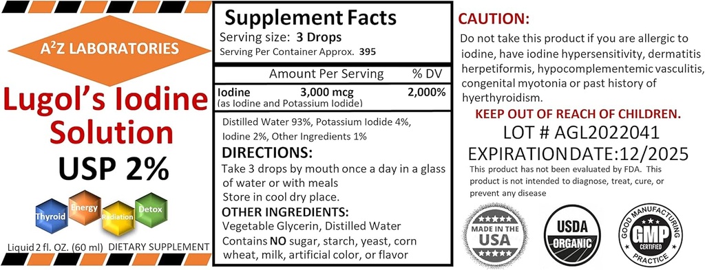 2 x 2 OZ Pack A2Z Iodida y Potasio de Lugol ecológico 2% Solución 3000 mcg - Suplemento líquido gotas para soporte de tiroides para hombres, Metabolismo Salud, Detox Boost -2X 2 Fl Oz/USA