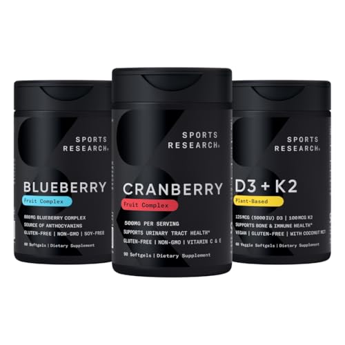Estudios Deportivos Cranberry Fruit Complex Suplemento con Pacran &amp; Vitaminas C &amp; E, Concentrado de Arándano de Frutas enteras Fabricado en Blueberries Orgánicas y Vitamina D3 + K2 con aceite de coco