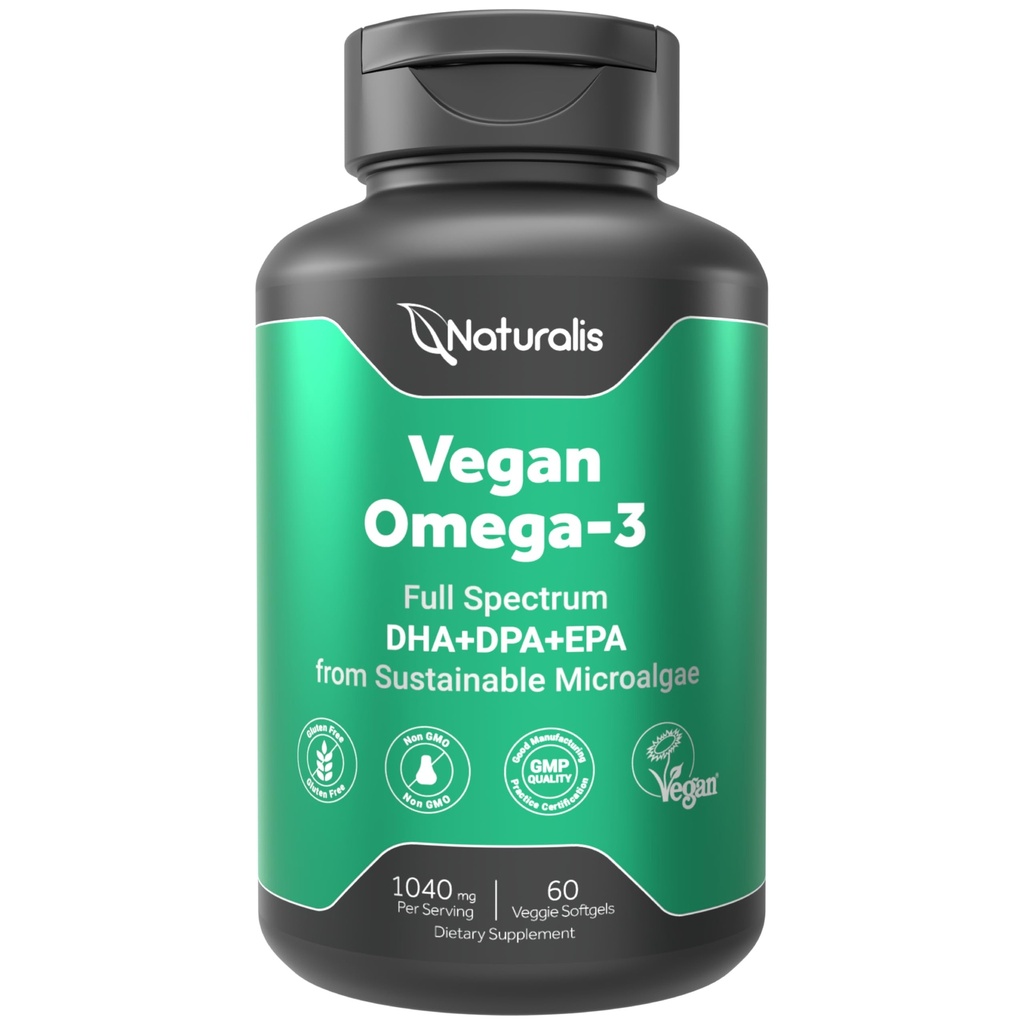 Naturalis Vegan Omega 3 DHA, EPA &amp; DPA de Algae ← Vegan Society Certified, Sustainably Sourced, True Full Spectrum ← 60 Veggie Softgels (Carrageenan Free)