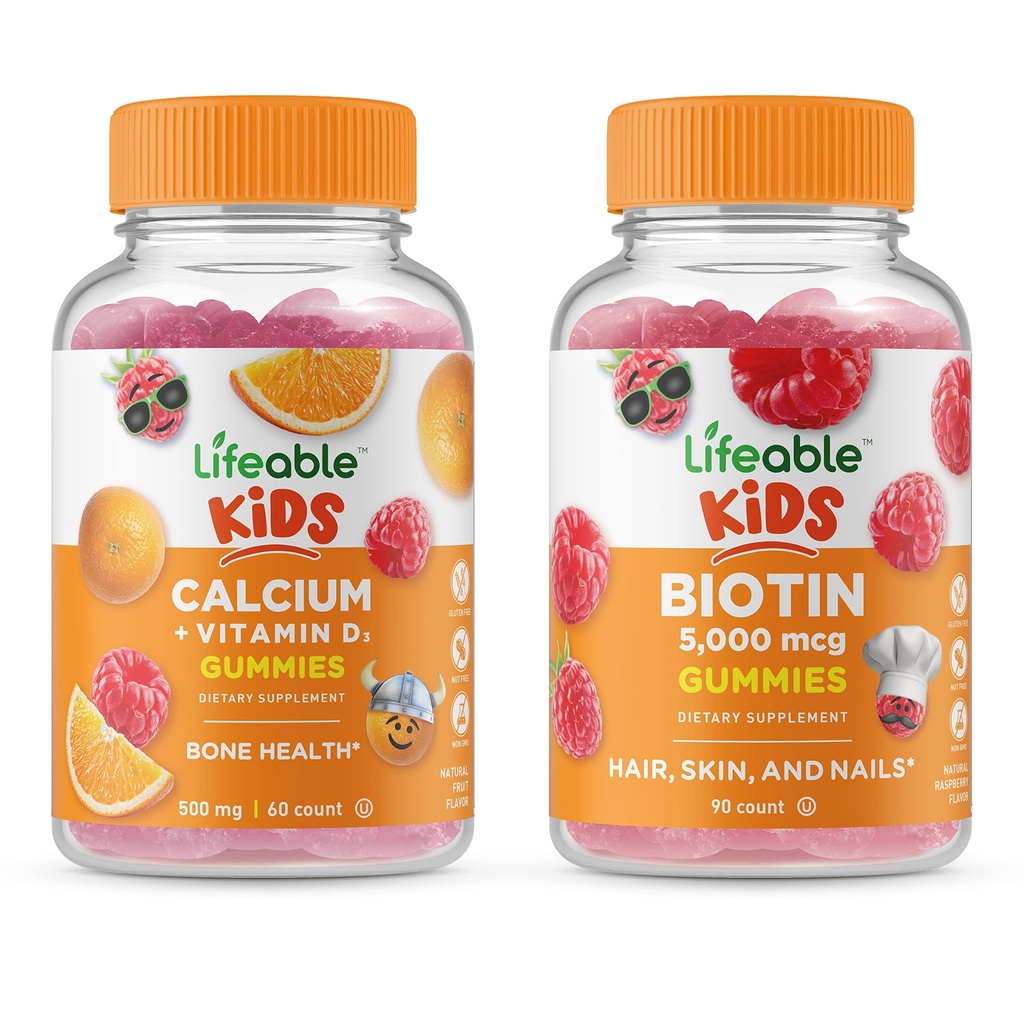 Niños de Biotina Lifeable + Calcio con Niños de Vitamina D, Grupo de Gummies - Gran Tasting, Suplemento de Vitamina, Gluten Gratis, GMO Gratis, Gummy Chewable