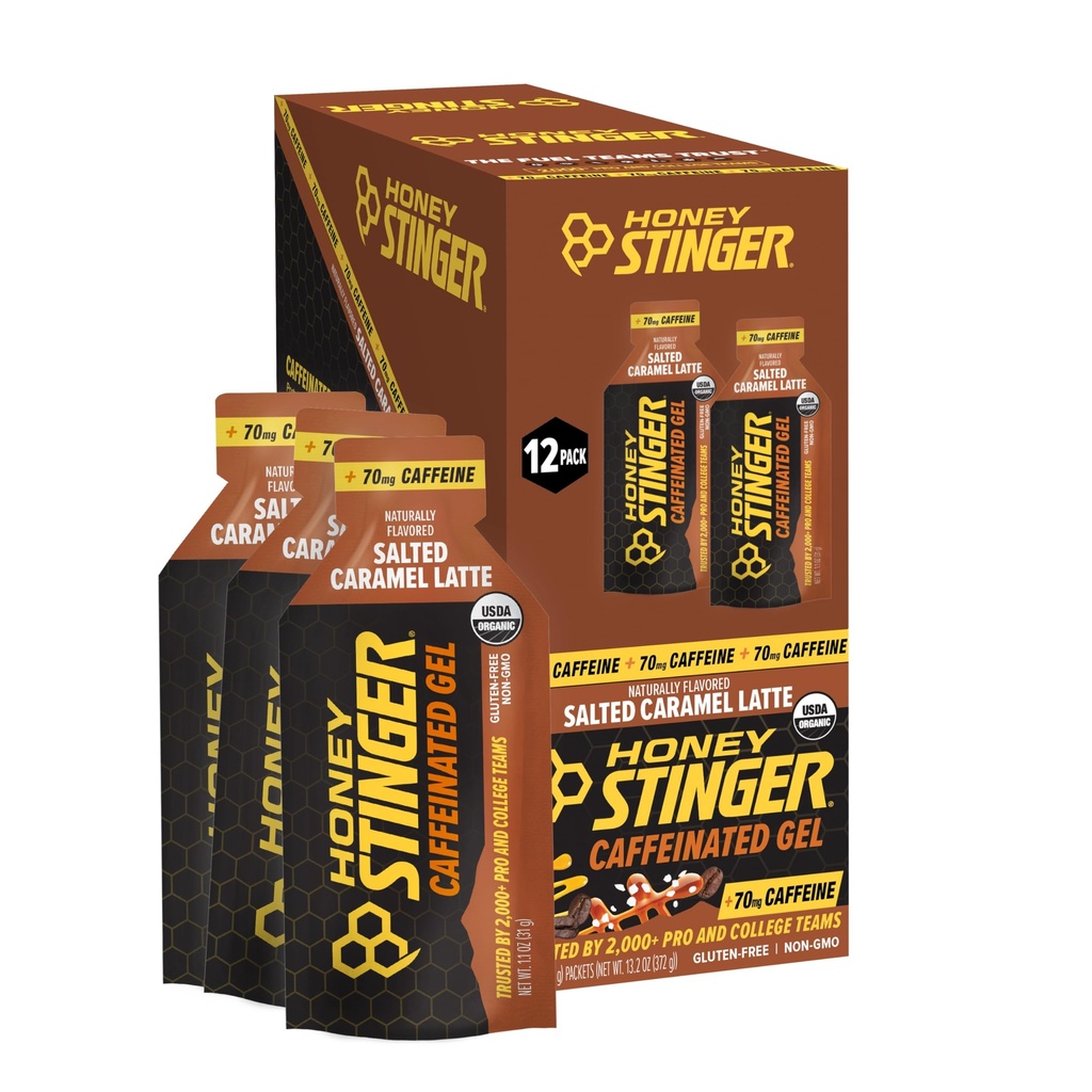 Honey Stinger Organic Salted Caramel Energy Gel, Caffeinated & Gluten Free, para el ejercicio, funcionamiento y rendimiento, Sports Nutrition for Home &amp; Gym, Pre and Mid Workout, 12 Pack, 13.2 Ounce