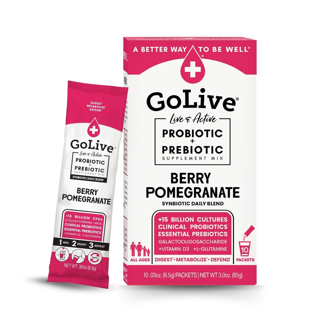 Prebiótico y Probiótico GoLive para Mujeres, Hombres, Niños. Polvo sinbiótico de granada de Berry w / L-Glutamina, vitamina D3, electrolitos. Para Gut Health, Digestión, Metabolismo, Inmunity 15-50B CFUs.
