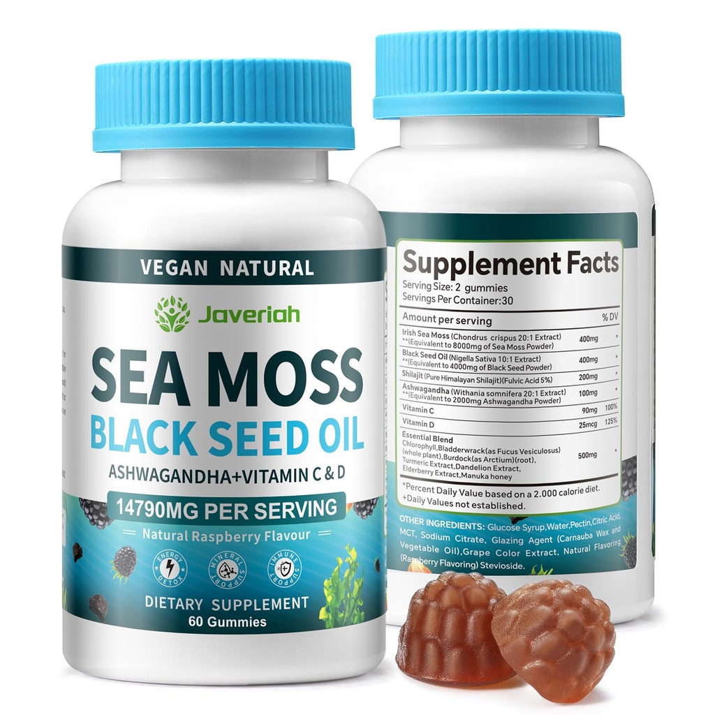 Vegan Ashwagandha Sea Moss Gummies - Aceite de semillas negras, vitamina C sensible para soporte inmunitario, digestivo, antioxidante 13 en 1 Bundle, Sea Moss Chlorophyll Advanced Strength Formula 2Pack 120 Gummies