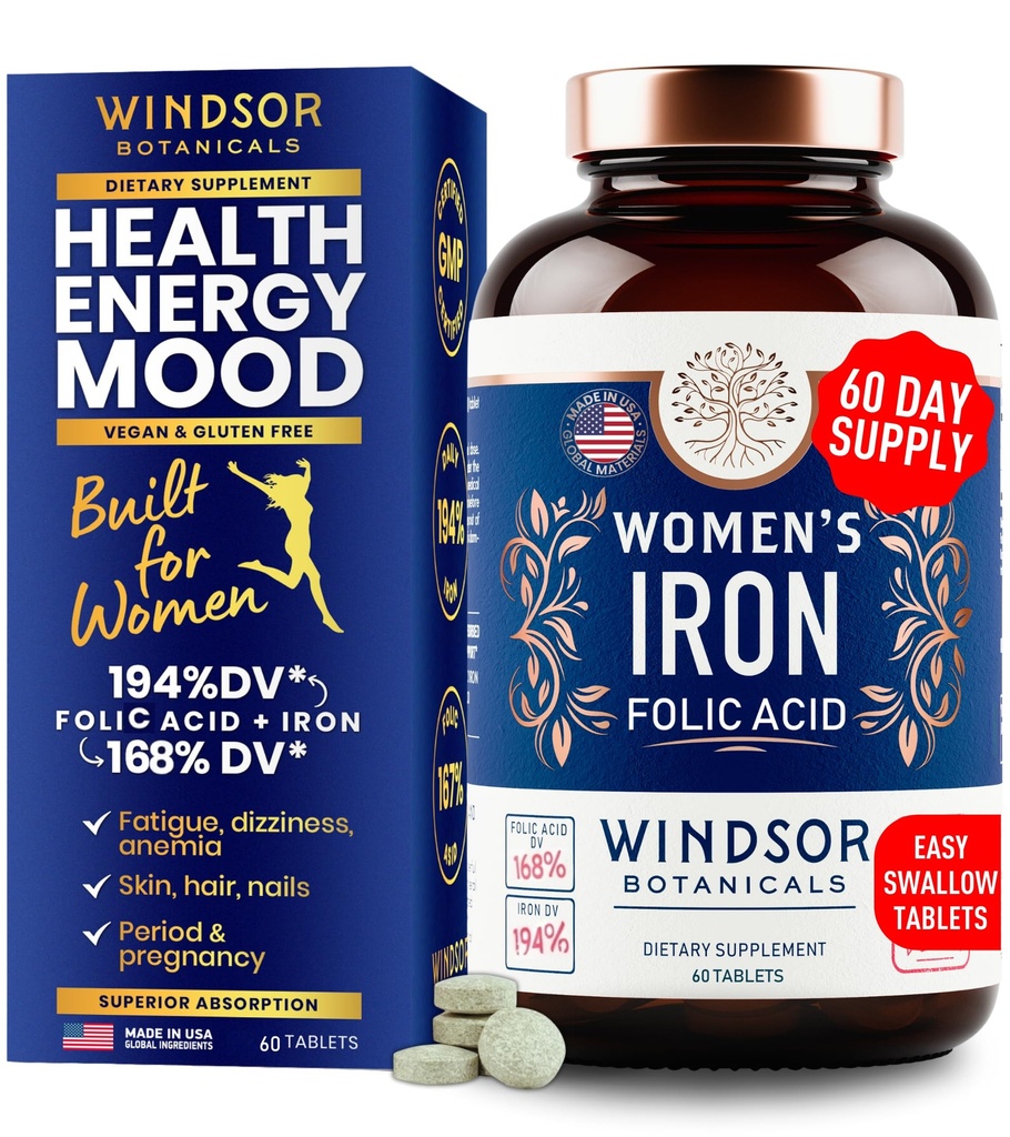 Suplementos de hierro y ácido fólico para mujeres - 35 mg Gentle Iron Vitamina, ácido fólico 400mcg - Anemia, Período, Apoyo al Embarazo Suplemento, Ferrous Sulfate Pills - 60 Vegan Non-Constipating Tablets
