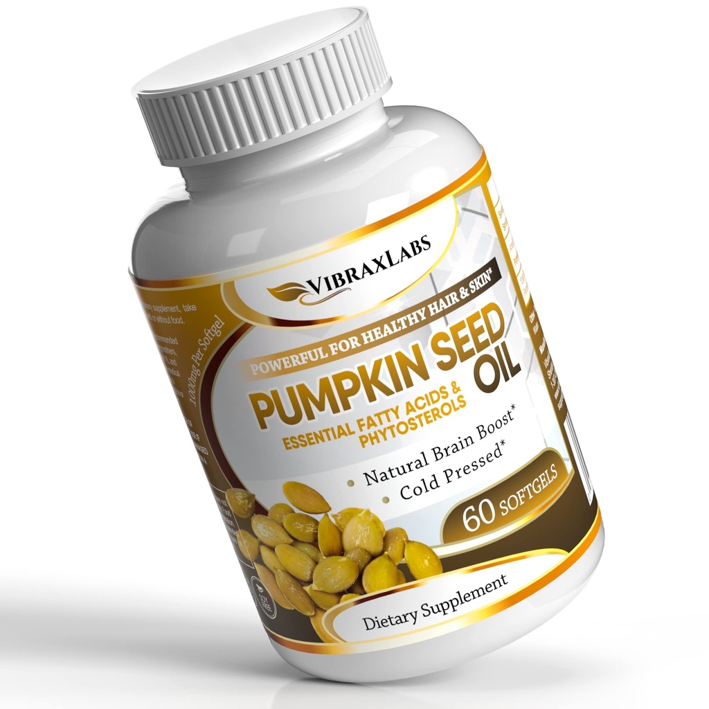 Vibraxlabs Pumpkin Seed Oil - 100% Cold Pressed Pure 1000mg Extracción - Lo mejor para el crecimiento del cabello, tinger Mirando la piel & cara, Bladder Control Suplemento, 60 Softgels