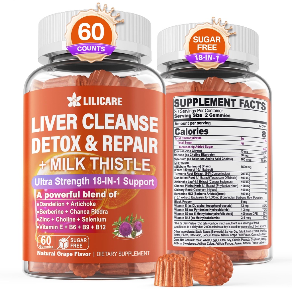 1Pack Milk Thistle Liver Detox Gummies, 18-in-1 Liver Cleanse Detox &amp; Repair Supplement with Berberine, Chicory Root, Turmeric, Artichoke, Dandelion Root, Chanca Piedra, Vitaminas B6 B12 - Sugar Free
