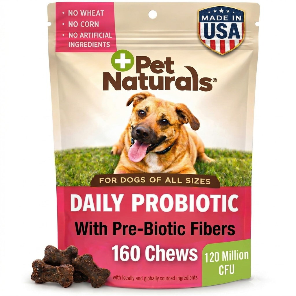 Pet Naturals Probiótico diario para perros, Sabor de pato, 160 Chews - 120M CFUs Pre y Probióticos para perros Salud digestiva, Salud Gut, Apoyo Inmunitario, Diarrea, Alergias y picazón
