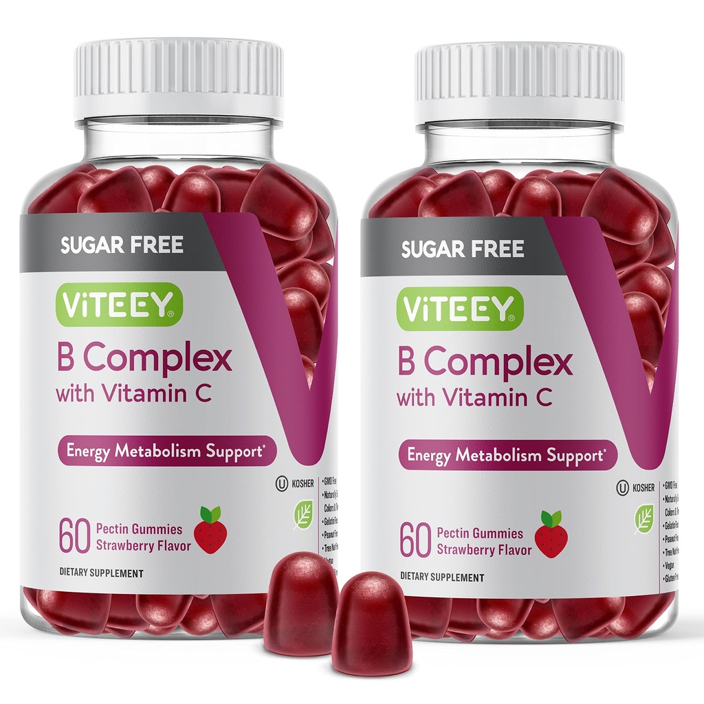 VITEEY Vitamina B Complejo Gummies con Vitamina C, Azúcar Libre - Energía, Metabolismo & Nerve Salud - B6, B12, Ácido Fólico, Biotina - Vegan, Gelatina Gratis, GMO Gratis - Tasty Chewable Strawberry Flavored Gummy
