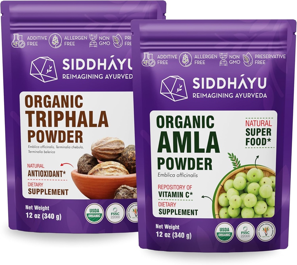 Siddhayu Orgánica Triphala Powder - 12 oz &amp; Orgánica Amla Herbal Suplemento Polvo - 12 oz