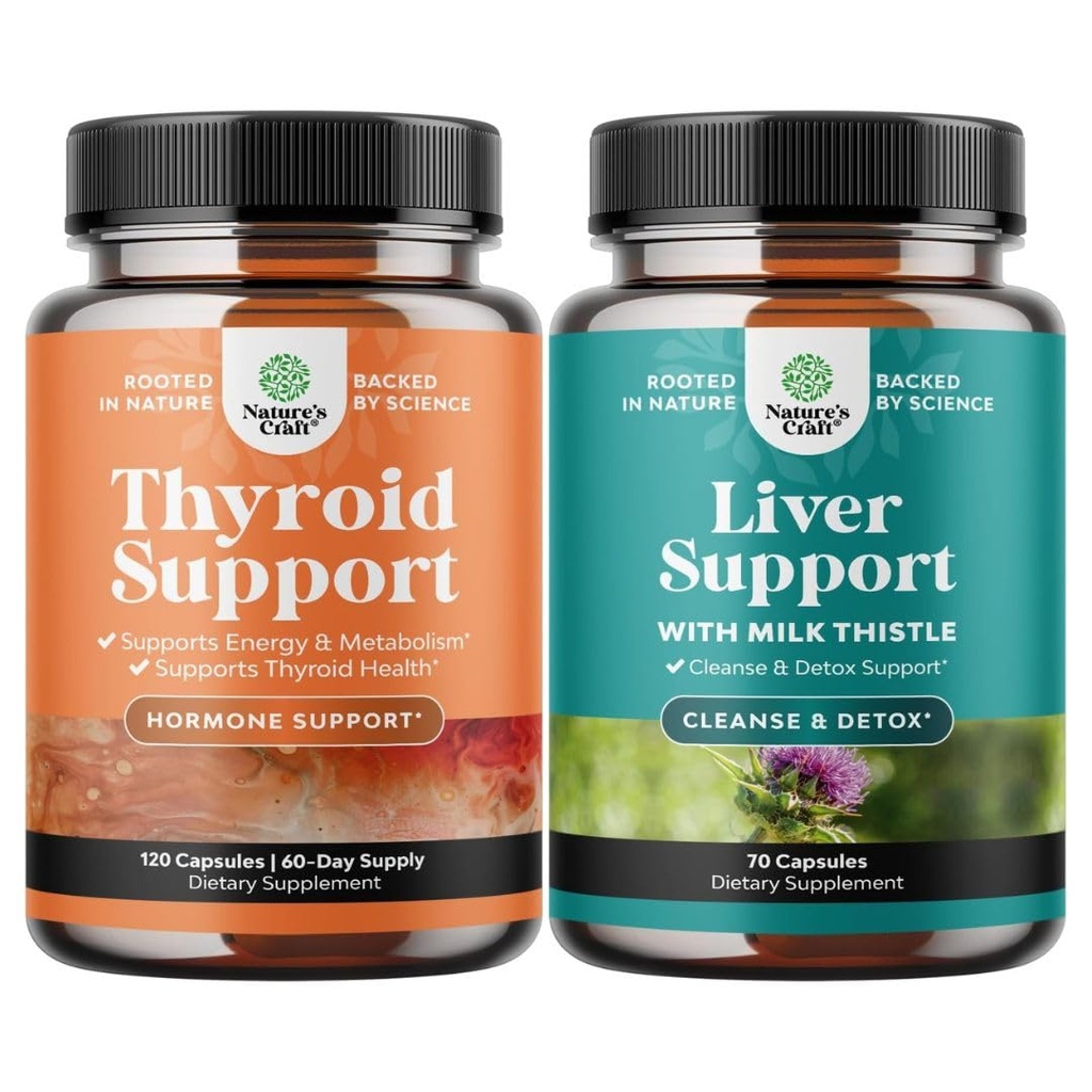 Bundle of Herbal Thyroid Support Complex with L Tyrosine Bladderwrack Selenium Pure Ashwagandha and Liver Cleanse Detox " Repair - Milk Thistle with Dandelion Root Choline Beetroot " Artichoke Extract