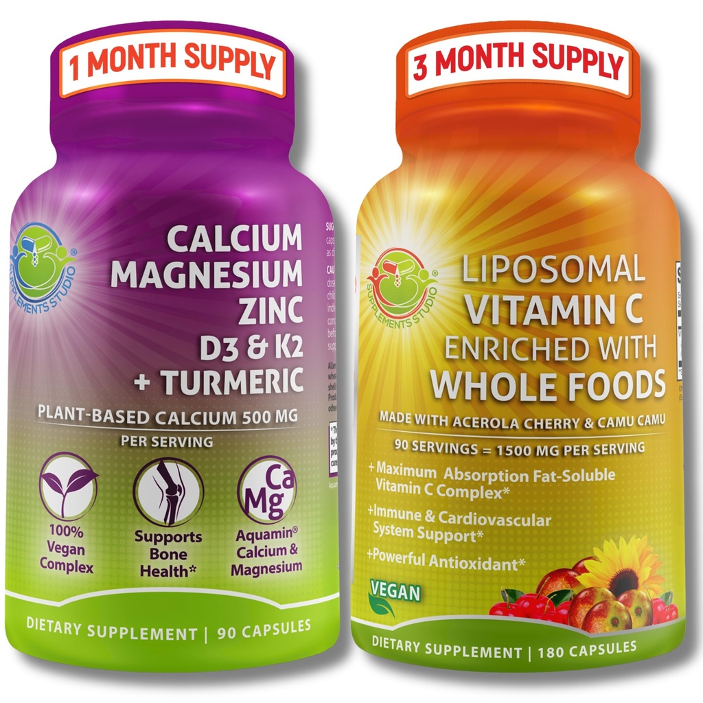 Bono de base vegetal &amp; Immune Complemento Bundle – Vitamina Liposomal C 1500mg con Acerola Orgánica & Camu Camu + Zinc de calcio con vitamina D3, K2 & Turmeric – Vegan, No GMO