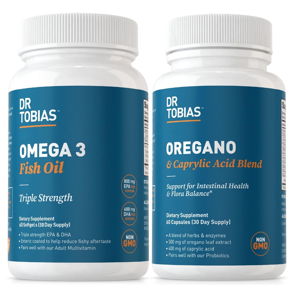 Dr. Tobias Omega 3 Fish Oil and Oregano " Caprylic Acid Supplements, Supports Heart, Brain, Immune with Gut Flora Balance Complex " Intestinal Health for Women " Men