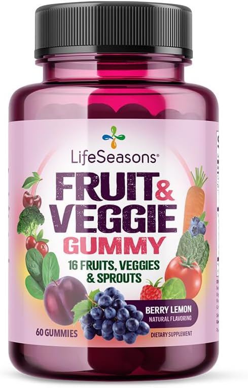 LifeSeasons Fruit & Veggie Gummy Supplement - 16 Fruits Vegetables &amp; Sprouts - Vitaminas Minerales & Antioxidantes - Apoyo nutricional para la inmunidad y bienestar - 3X Más Potente - 60 Gummies