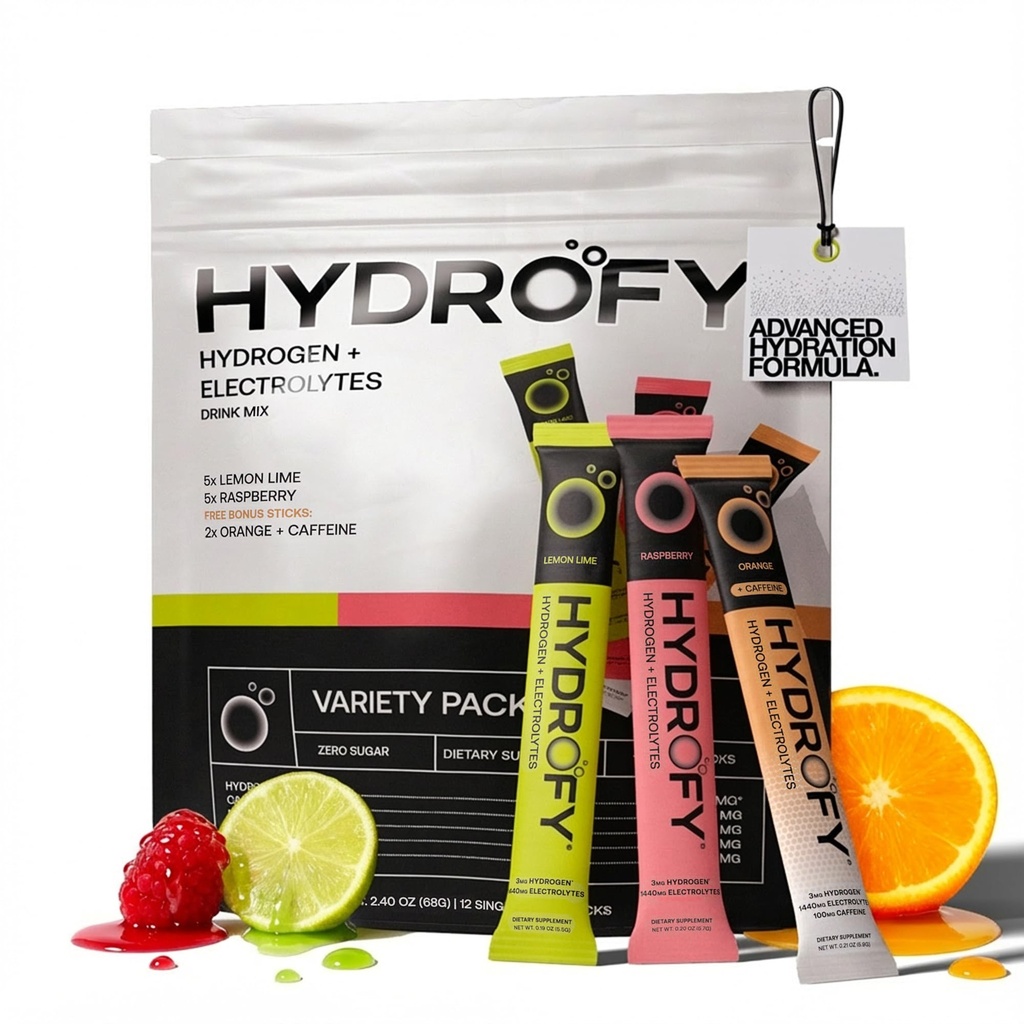 Hidrofy Hidrogen Water + Electrolytes Drink Mix - Vaiety Pack ← H2 Hydration Packets with Molecular Hydrogen, Sodium, Potassium, Magnesium ← Lime Lemon, Raspberry, Orange + Caffeine TEN 12 Conde