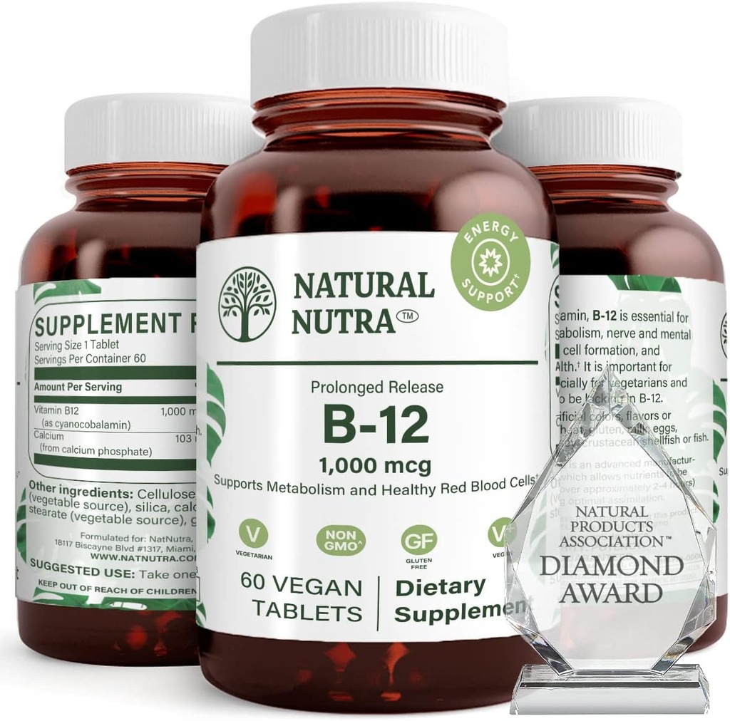 Natural Nutra Vitamina B12 1000 mcg, Cobalamin B 12 Suplemento, Calcio Phosphate, Ayuda en Metabolismo Salud, Apoyo Nervous System, Absorción Optimal, Gluten Gratis, Azúcar Gratis, 60 Tabletas Veganas