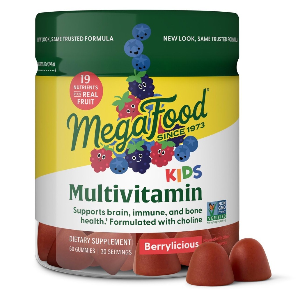 MegaFood Kids Multivitamin Gummies - Vitaminas Infantiles - Edad 4+ con Vitamina C, Vitamina D, Zinc, Choline y Frutas Reales - Cerebro &amp; Apoyo Inmunitario - Sabor Berrílico - 60 Gummies (30 Servimientos)