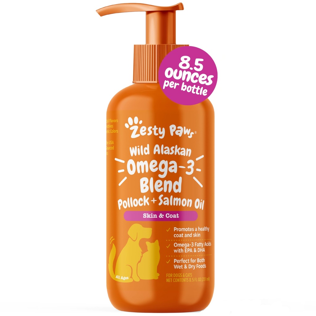 Zesty Paws Wild Alaskan Omega-3 Blend Pollock + Salmon Oil for Dogs and Cats- Skin and Coat Support, Omega 3 Suplemento para mascotas, 8.5oz