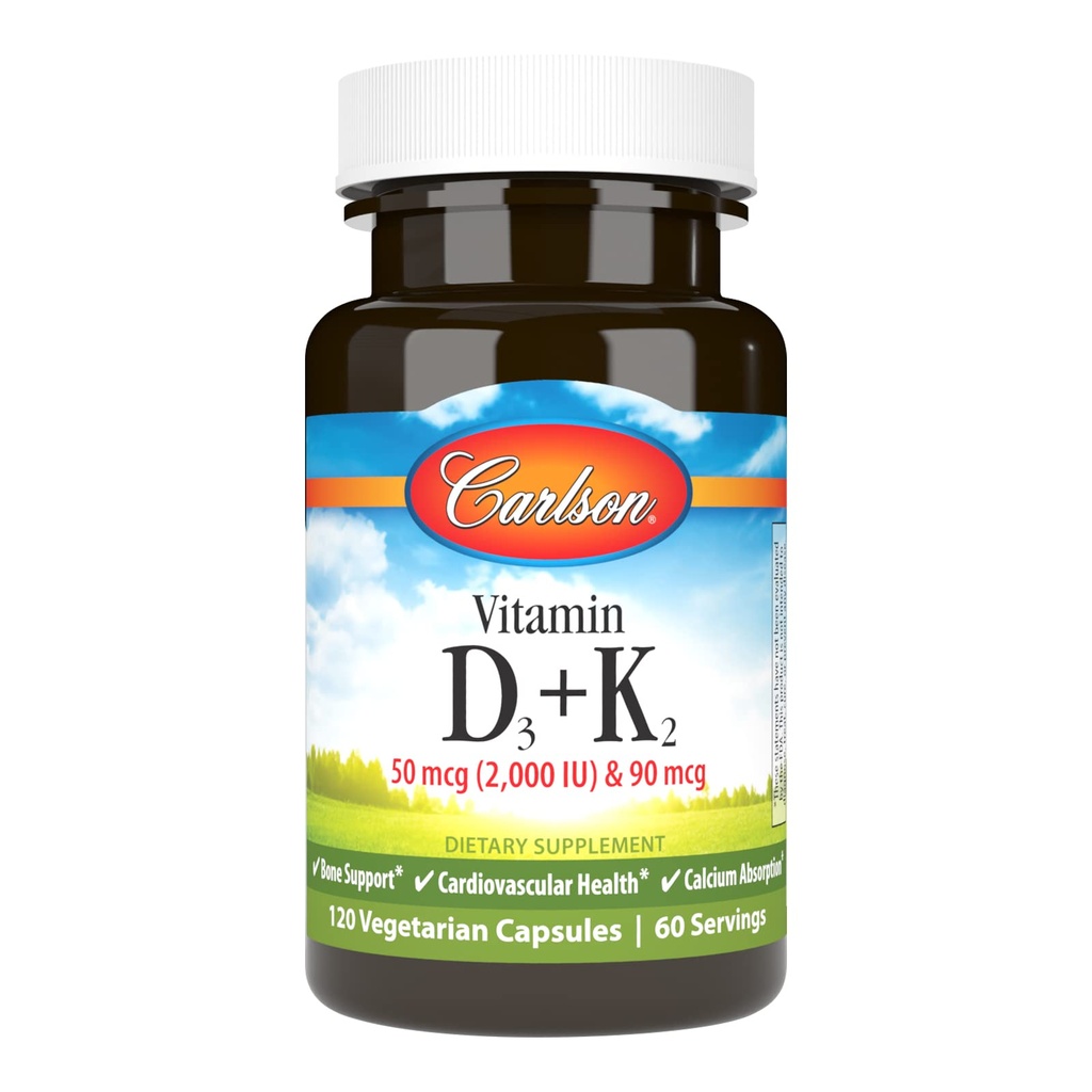 Carlson - Vitamina D3 + K2, 50 mcg (2000 UI) Vitamina D3 &amp; 90 mcg Vitamina K2 como MK7, Soporte de bonificación, Absorción de calcio, 120 cápsulas