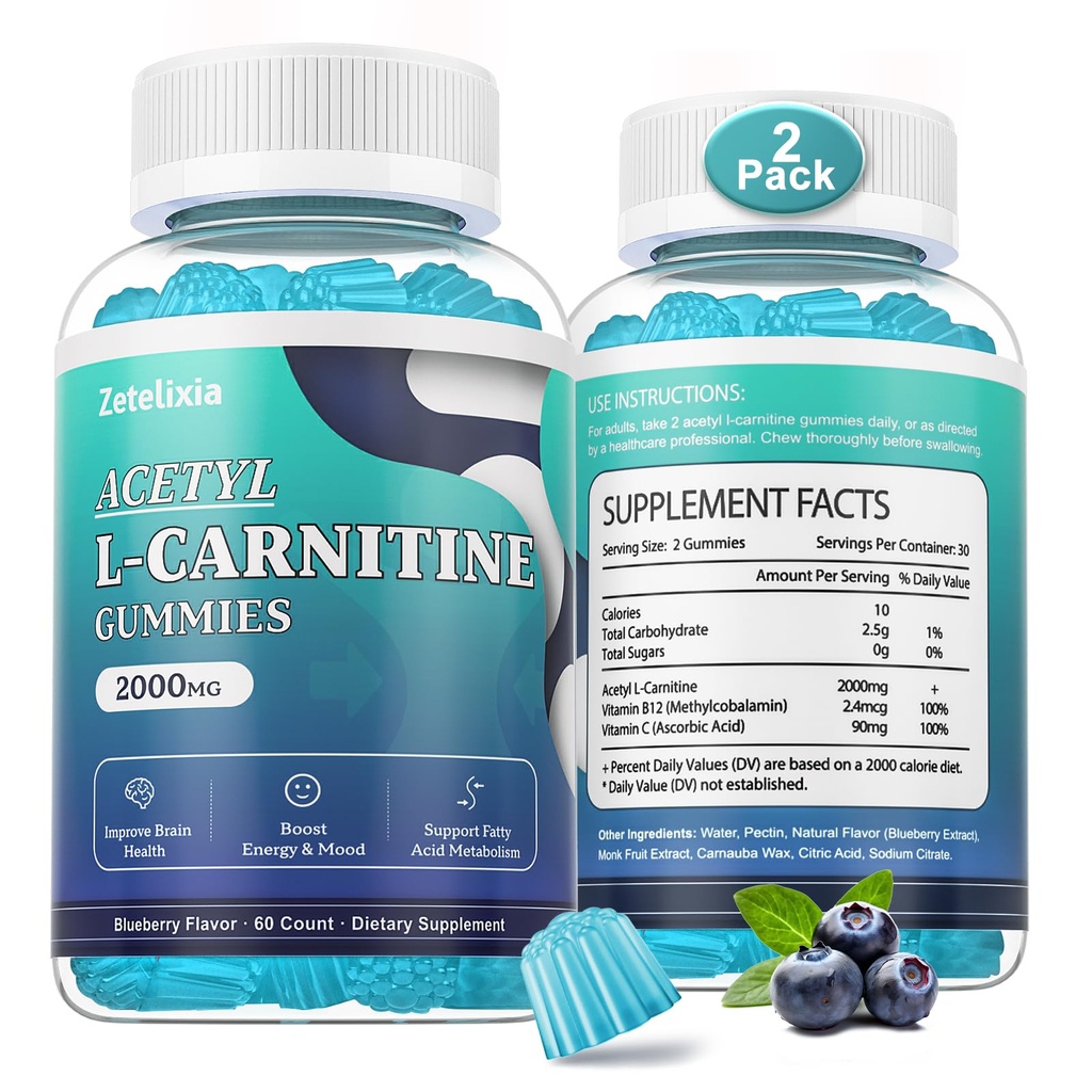 2 Pack Sugar Free Acetyl L-Carnitine Gummies, L-Carnitine Supplement for Women &amp; Men, con Vitamina C &amp; B12, ALCAR for Energy, Brain & Heart Health Support, Vegan, Non-GMO, 120 Conde