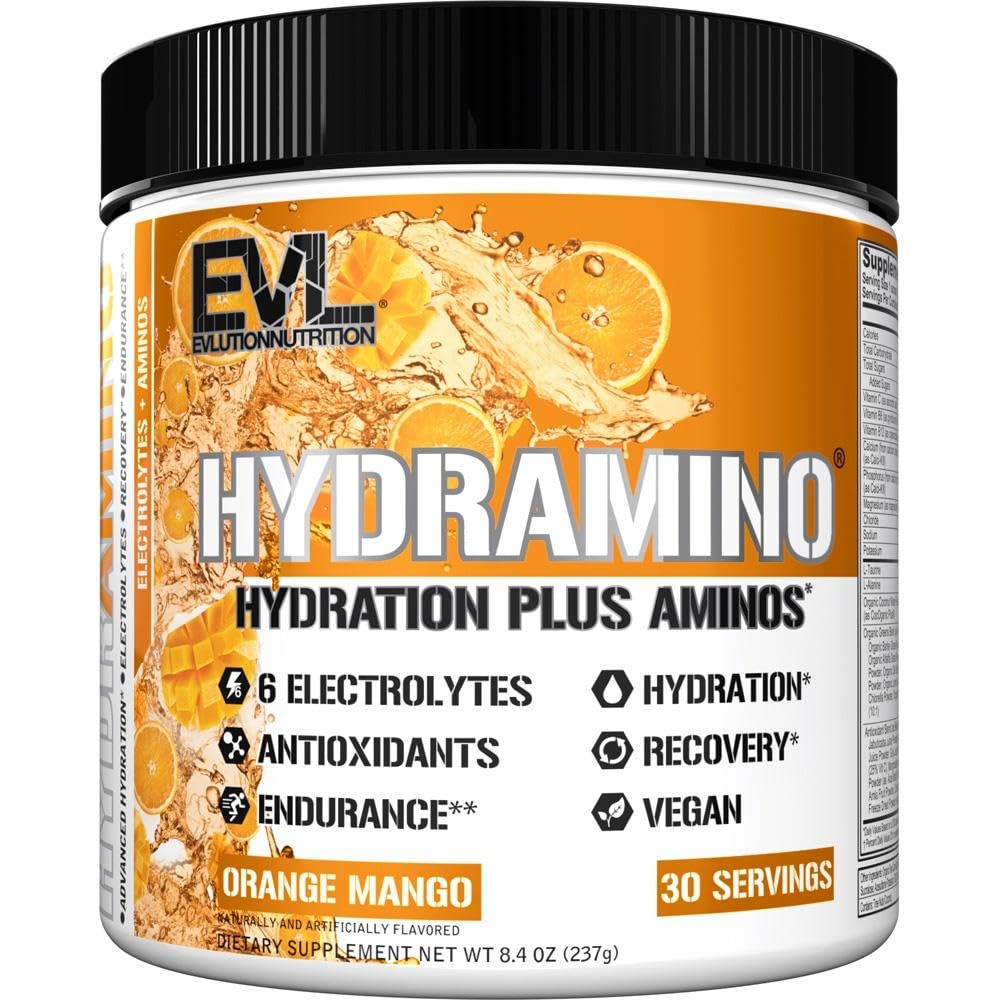 Evlution Nutrition HYDRAMINO Complete Hydration Multiplier, All 6 Electrolytes, Vitamina C &amp; B, Fluid Boosting Aminos, Coconut Water, Endurance, Recovery, Antioxidants, 30 Serve, Orange Mango