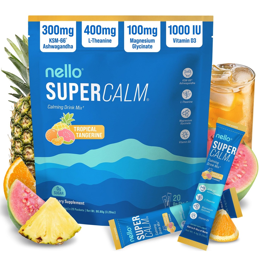 Nello Supercalm Powdered Drink Mix, Tropical Tangerine, L Theanine, Ksm-66 Ashwagandha, Magnesium Glycinate, Vitamina D 3, Suplementos para la relajación & Focus, Natural, No Sugar, Non GMO, 20 Srvg
